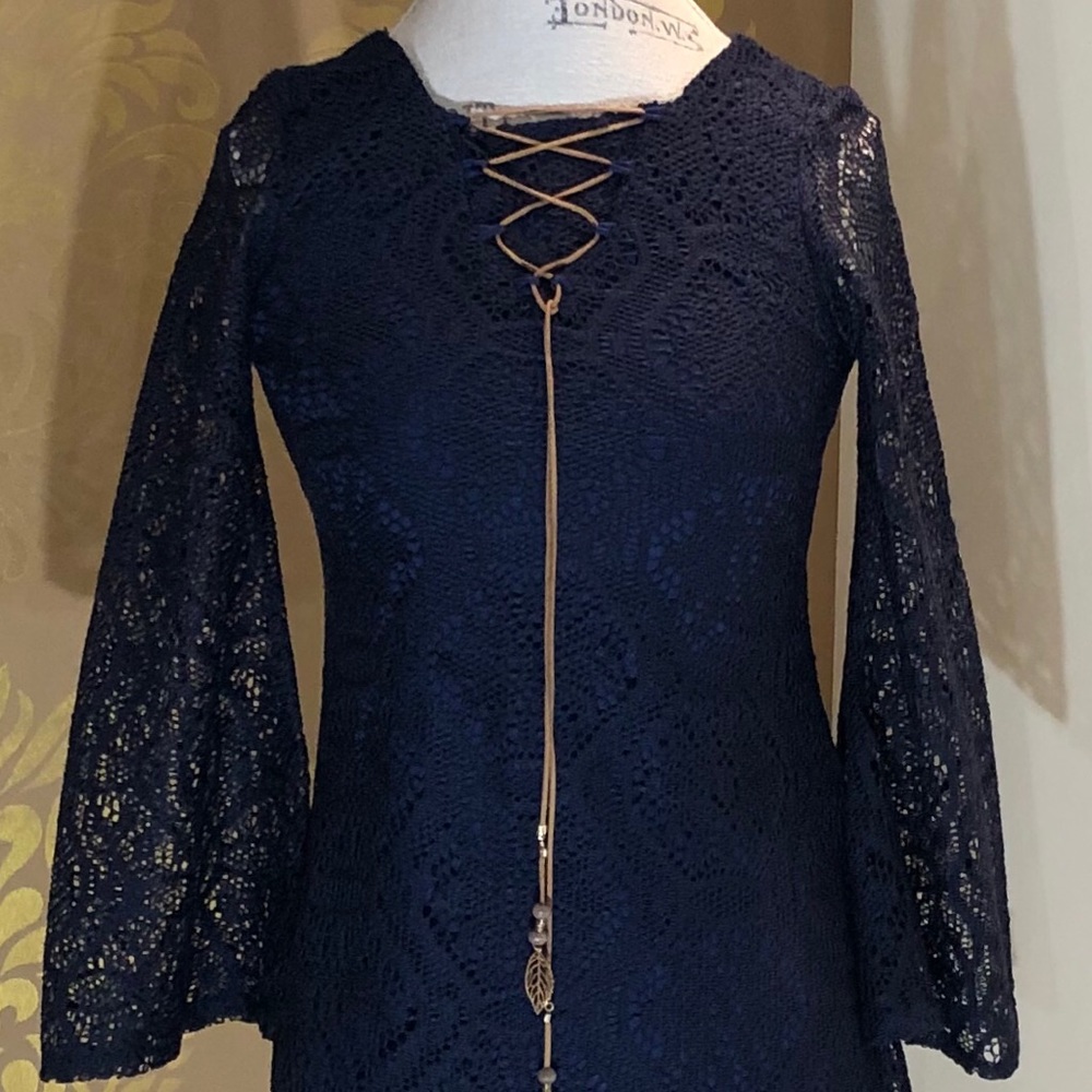Rare Editions Navy Blue 3/4 Sleeve Lace Dress Sz16 - Picture 2 of 6